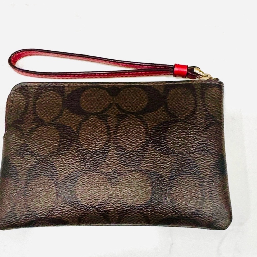 Coach Signature Brown Wristlet with Red Strap NWOT - Picture 6 of 8